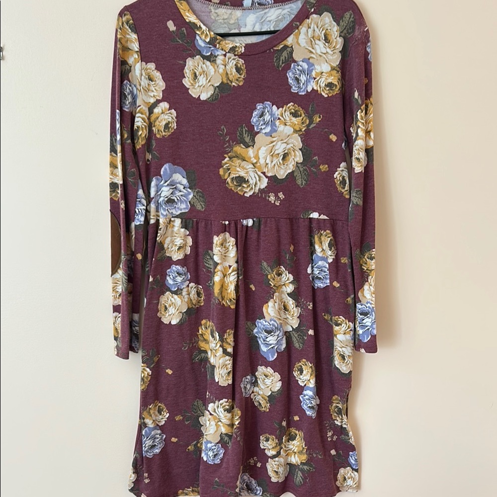 Floral Long Sleeve Dress by Acting Pro - Burgundy and Yellow